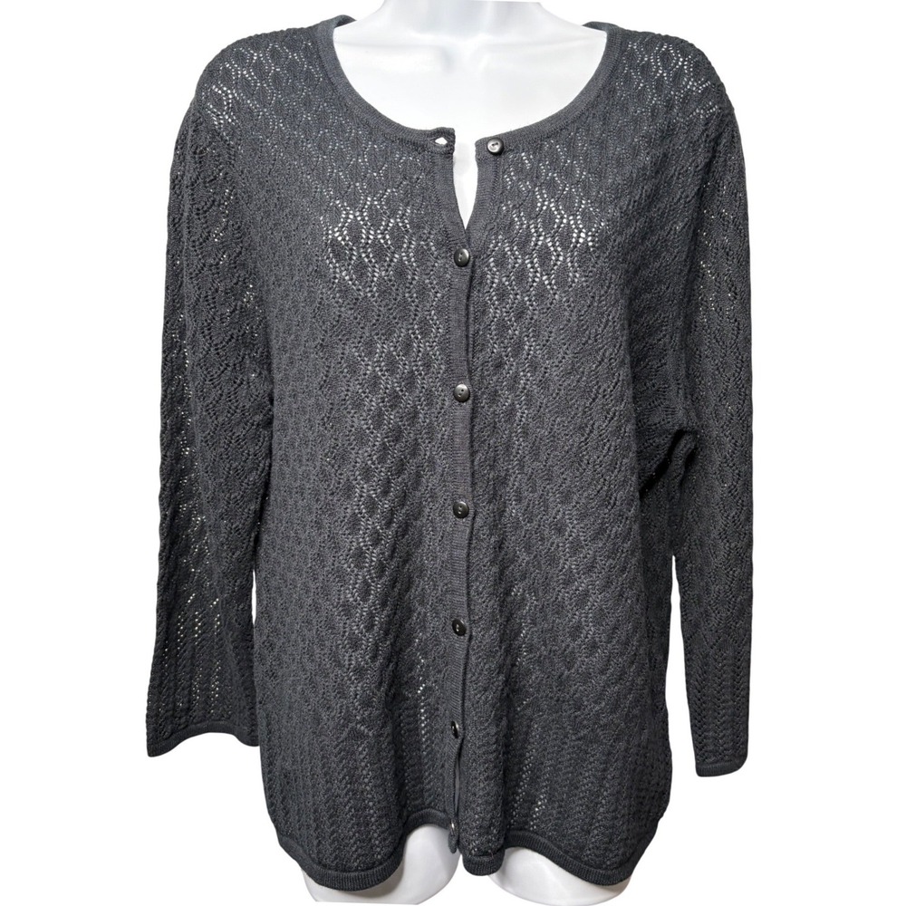 CRYSTAL KOBE Womens Charcoal Gray Buttoned Cardigan Sz XL Pointelle Knit Classic